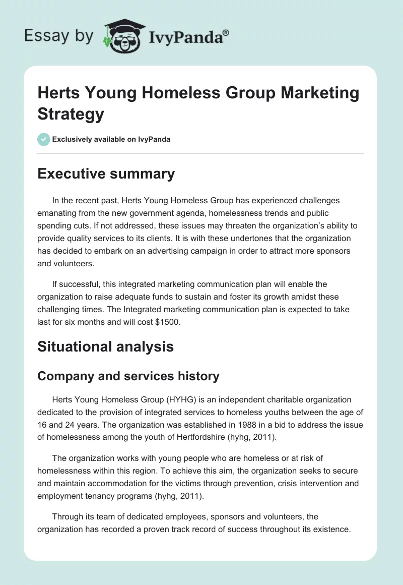 Herts Young Homeless Group Marketing Strategy. Page 1