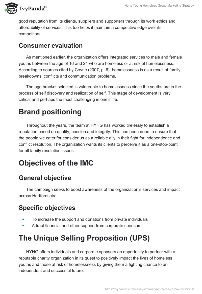 Herts Young Homeless Group Marketing Strategy. Page 4