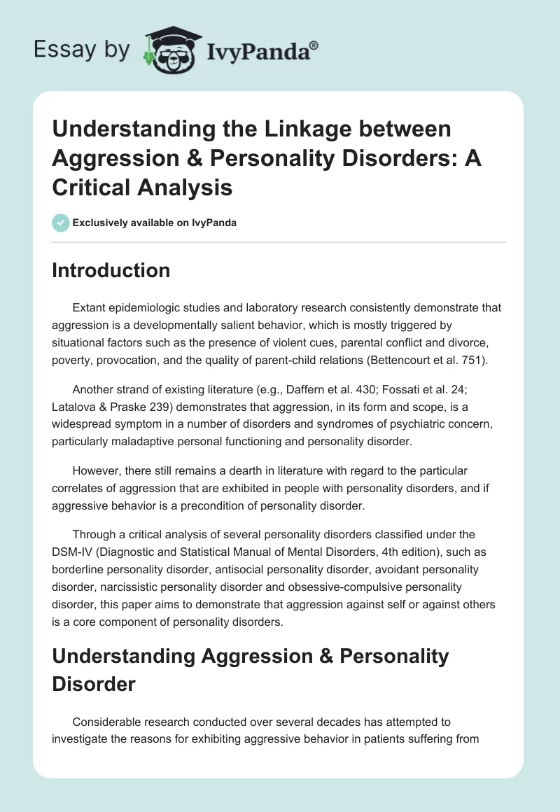 Understanding the Linkage between Aggression & Personality Disorders: A Critical Analysis. Page 1