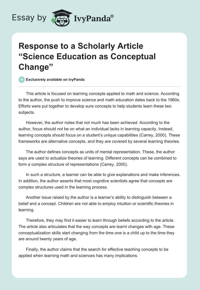 Response to a Scholarly Article “Science Education as Conceptual Change”. Page 1