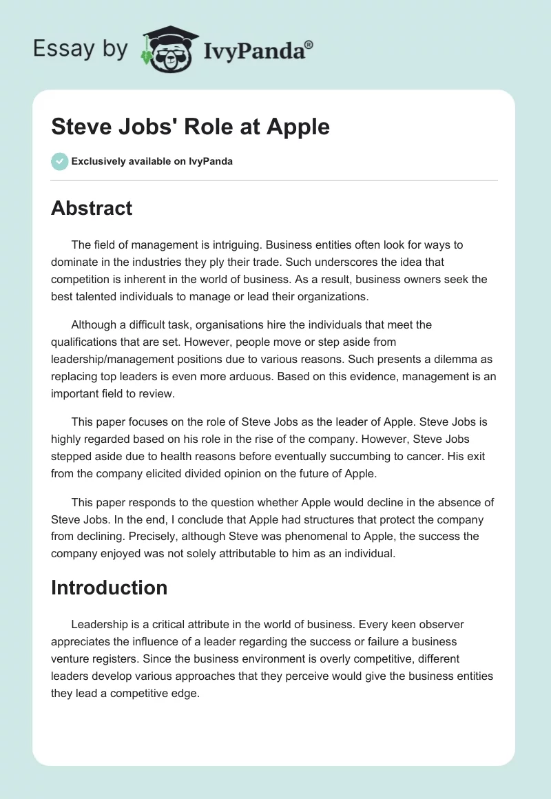 Steve Jobs' Role at Apple. Page 1