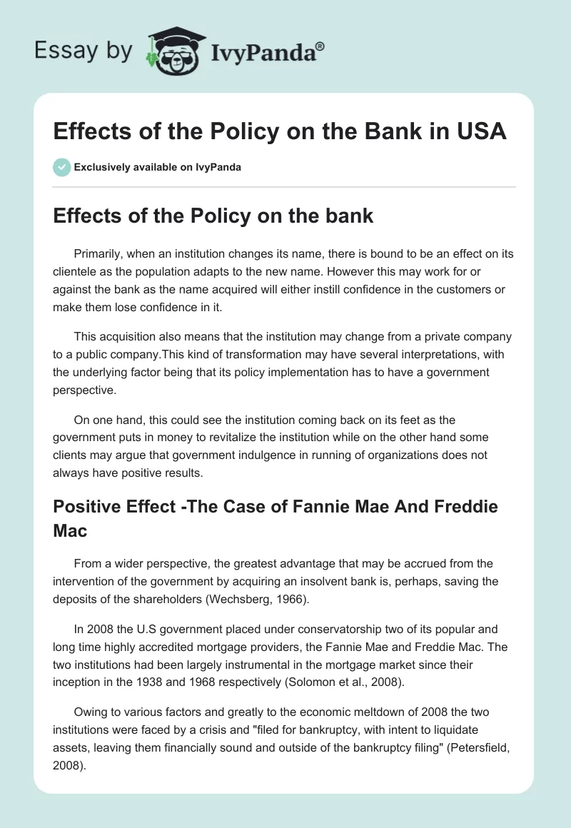 Effects of the Policy on the Bank in USA. Page 1