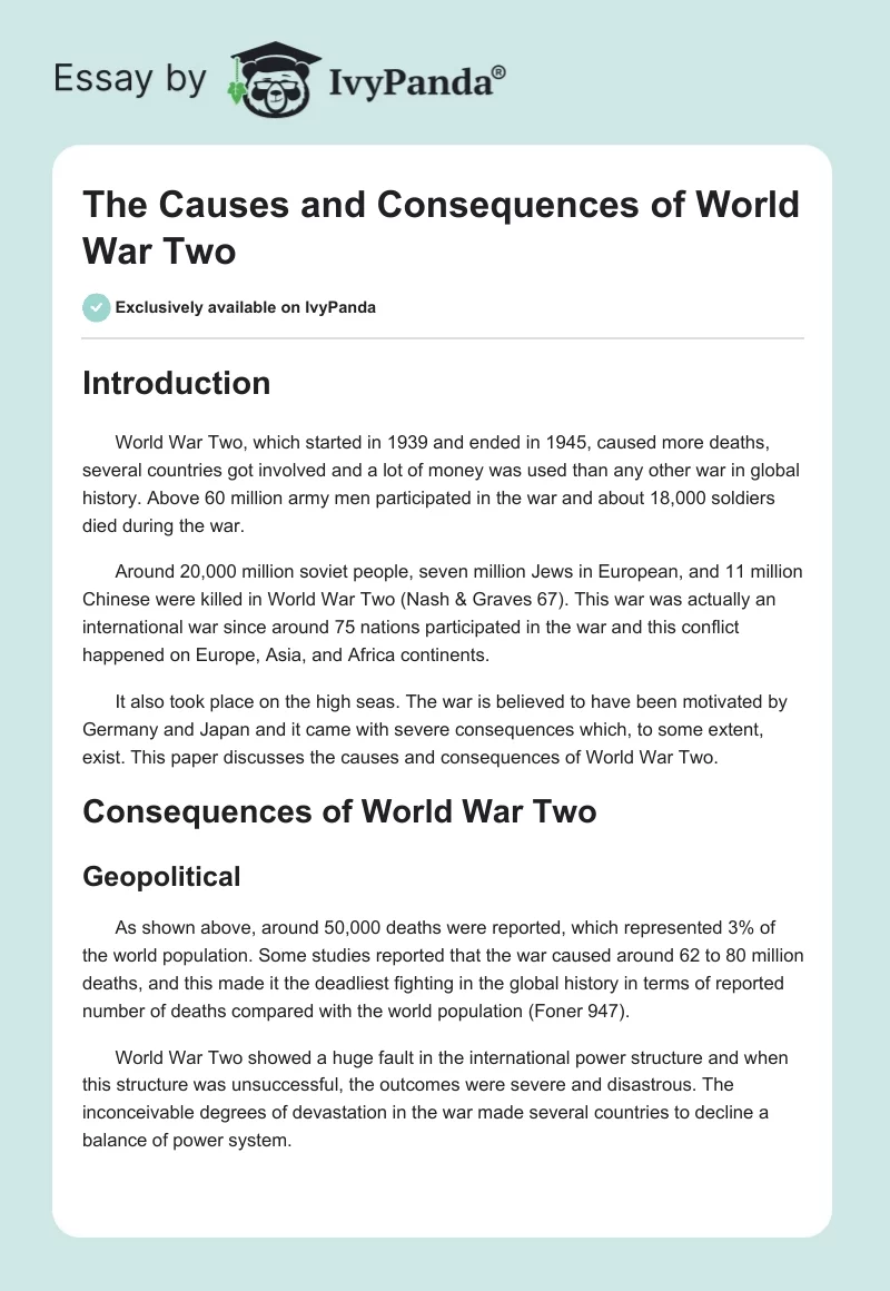 The Causes and Consequences of World War Two. Page 1