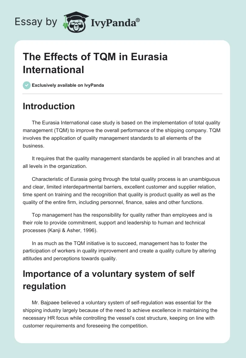 The Effects of TQM in Eurasia International. Page 1