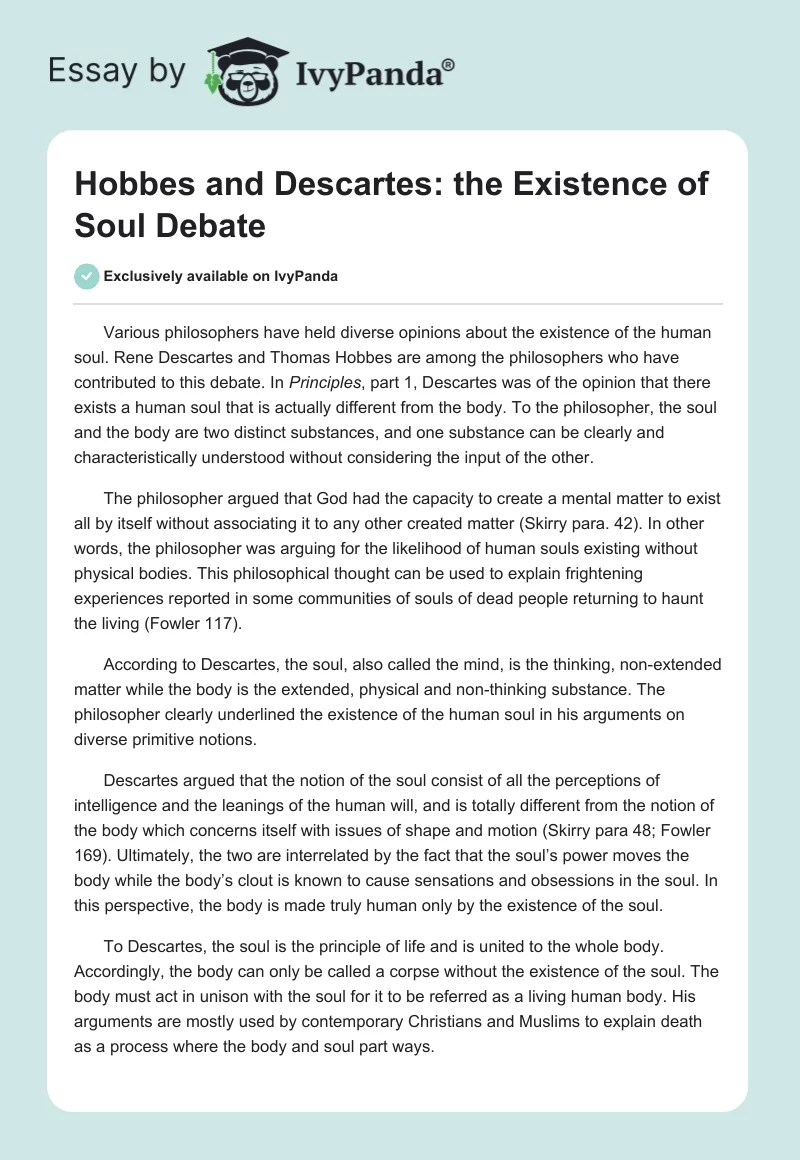 Hobbes and Descartes: the Existence of Soul Debate. Page 1