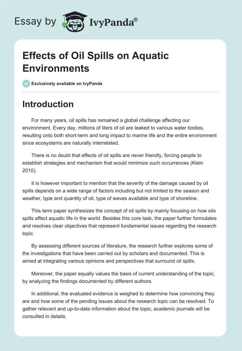 Effects of Oil Spills on Aquatic Environments. Page 1