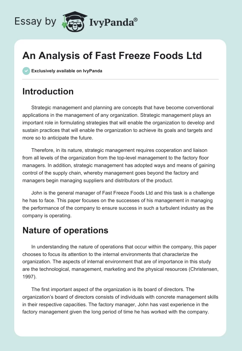 An Analysis of Fast Freeze Foods Ltd. Page 1