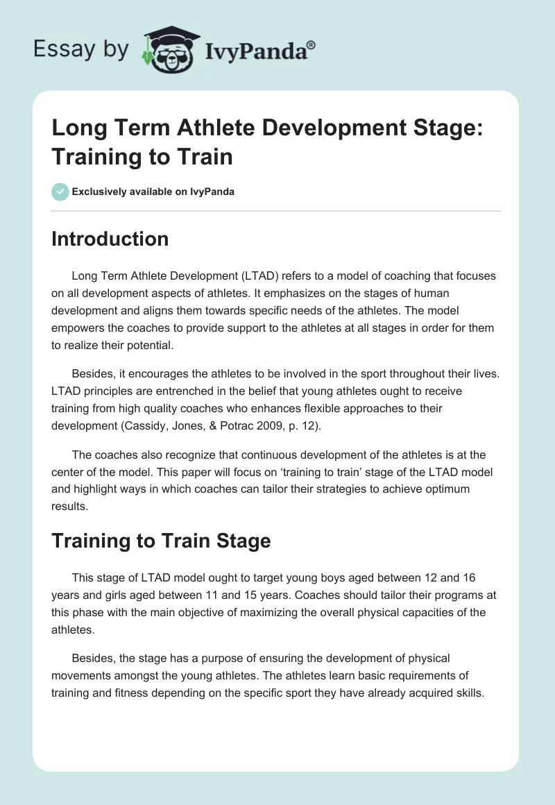 Long Term Athlete Development Stage: Training to Train. Page 1