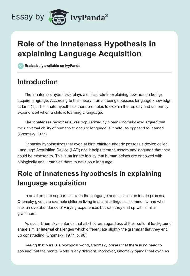 Role of the Innateness Hypothesis in explaining Language Acquisition. Page 1