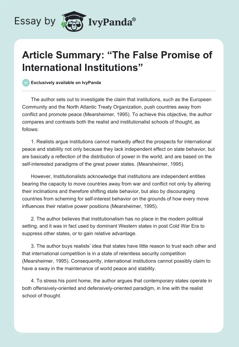 Article Summary: “The False Promise of International Institutions”. Page 1