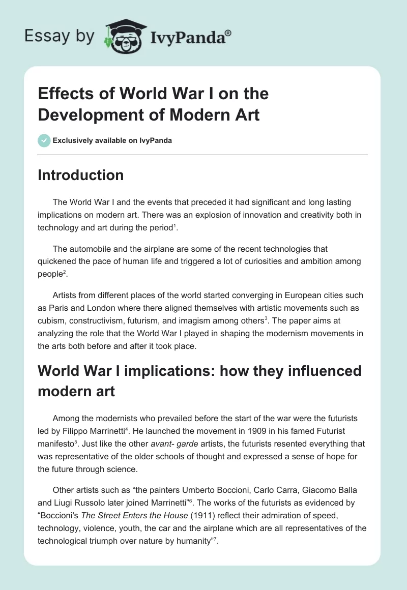 Effects of World War I on the Development of Modern Art. Page 1