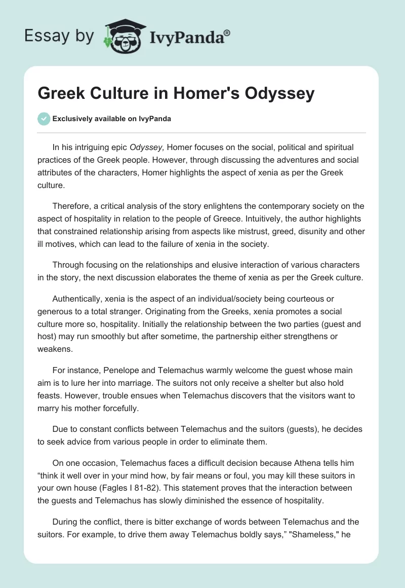 Greek Culture in Homer's "The Odyssey". Page 1