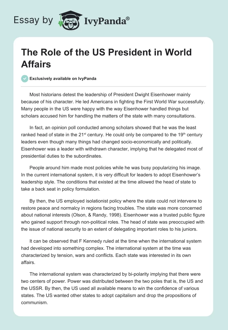 The Role of the US President in World Affairs. Page 1