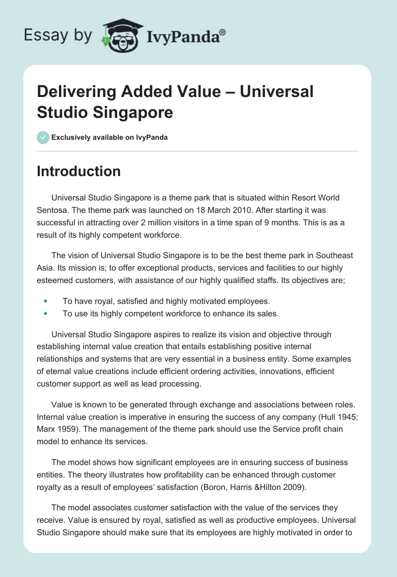 Delivering Added Value – Universal Studio Singapore. Page 1