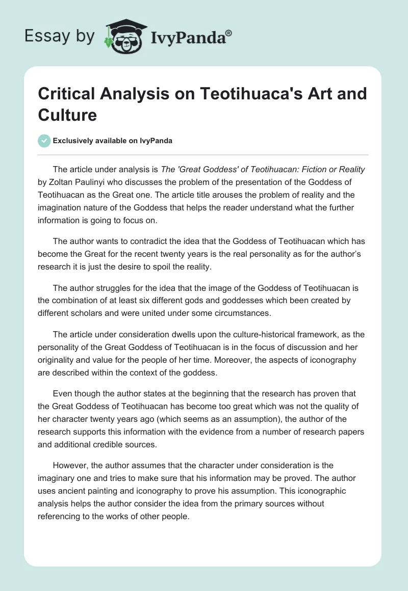 Critical Analysis on Teotihuaca's Art and Culture. Page 1