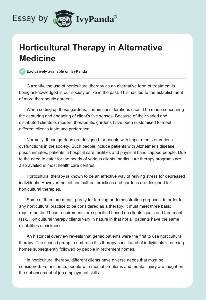 Horticultural Therapy in Alternative Medicine. Page 1