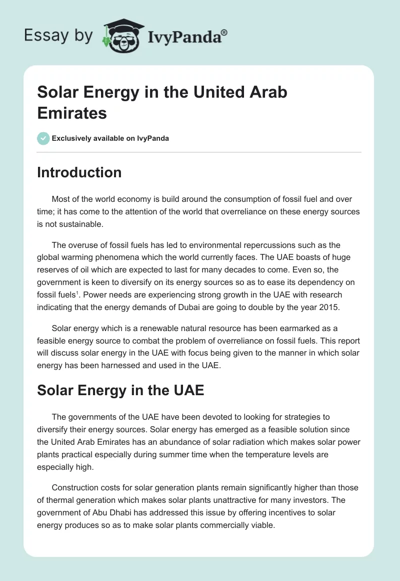 Solar Energy in the United Arab Emirates. Page 1