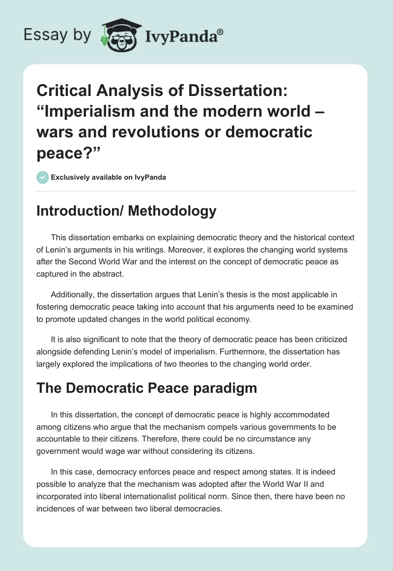 Critical Analysis of Dissertation: “Imperialism and the modern world – wars and revolutions or democratic peace?”. Page 1
