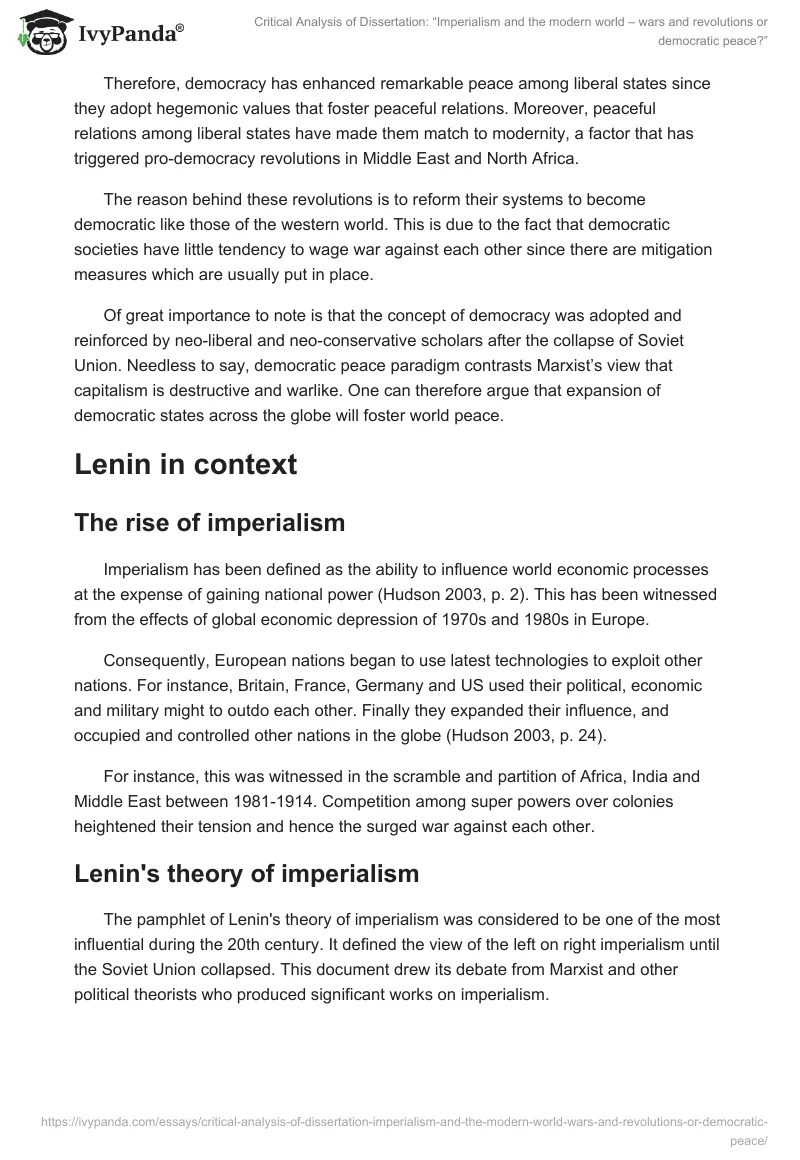 Critical Analysis of Dissertation: “Imperialism and the modern world – wars and revolutions or democratic peace?”. Page 2