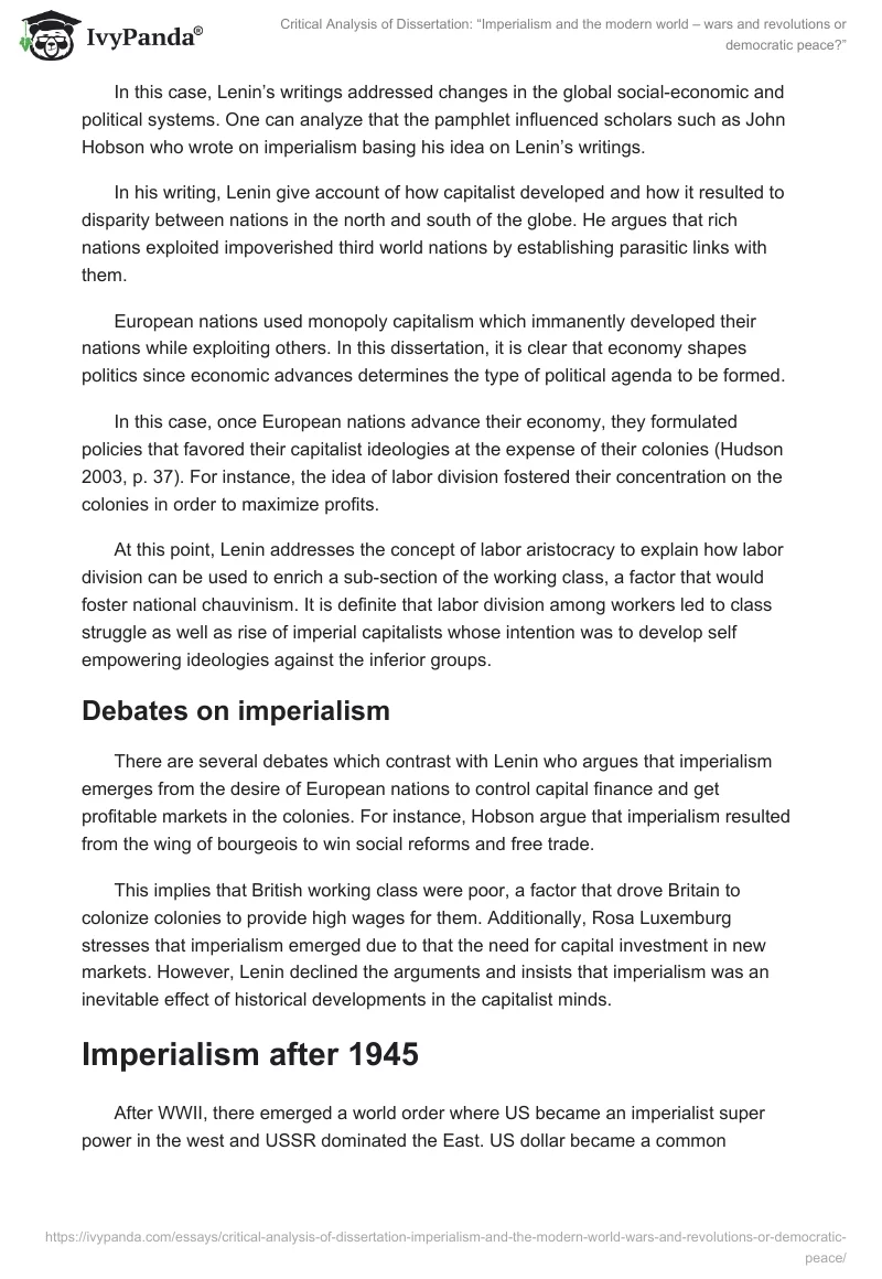 Critical Analysis of Dissertation: “Imperialism and the modern world – wars and revolutions or democratic peace?”. Page 3