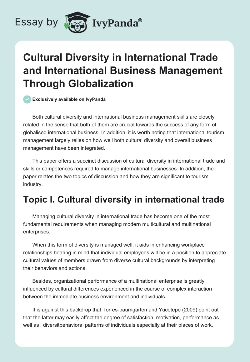 Cultural Diversity in International Trade and International Business Management Through Globalization. Page 1