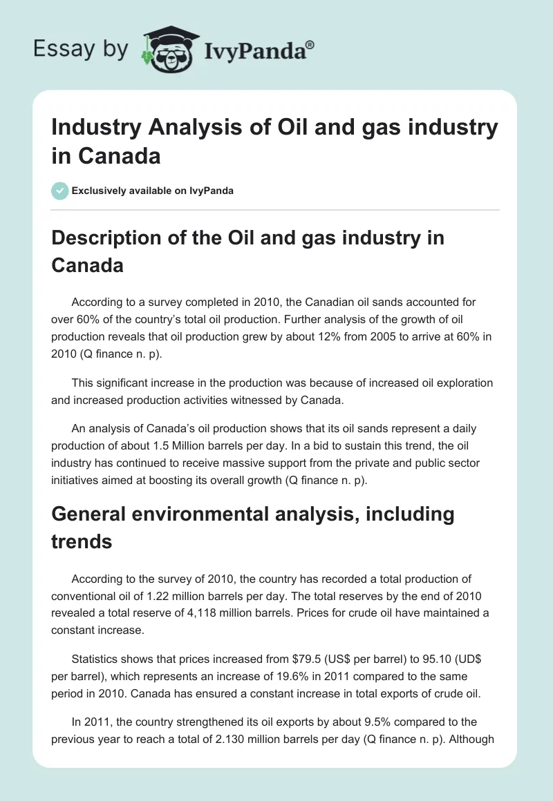 Industry Analysis of Oil and gas industry in Canada. Page 1