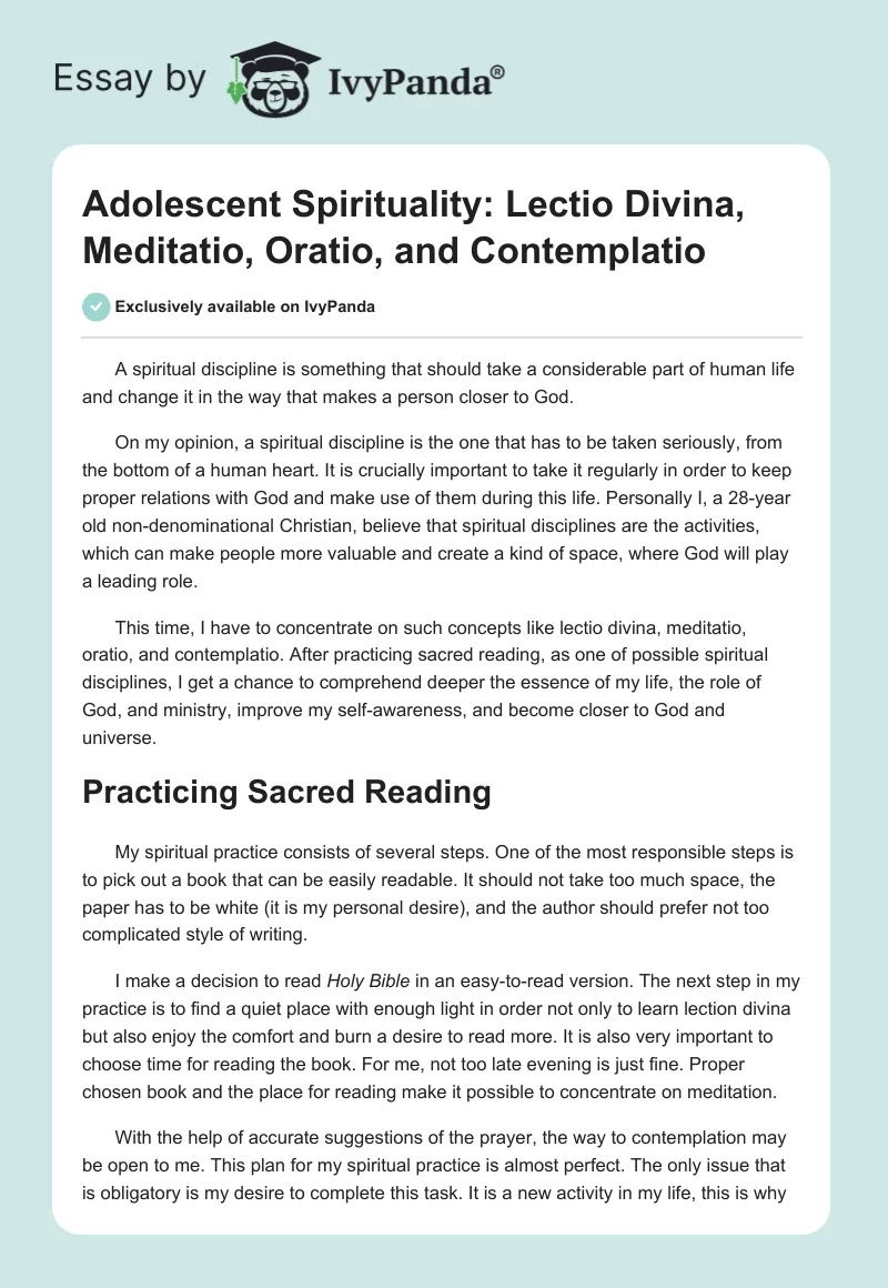 Adolescent Spirituality: Lectio Divina, Meditatio, Oratio, and Contemplatio. Page 1