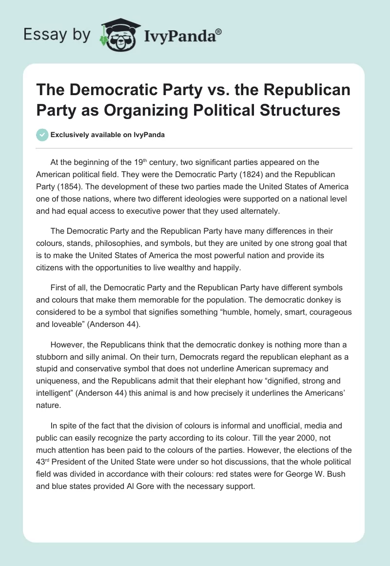 The Democratic Party vs. the Republican Party as Organizing Political Structures. Page 1