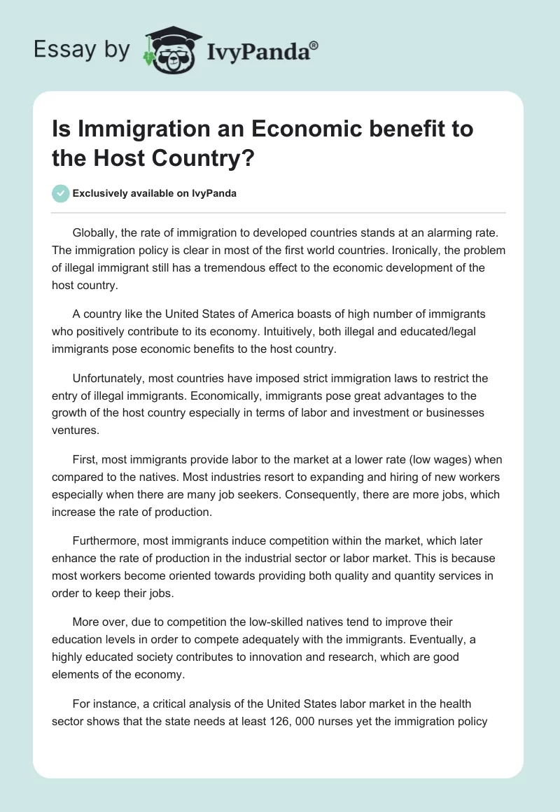Is Immigration an Economic benefit to the Host Country?. Page 1