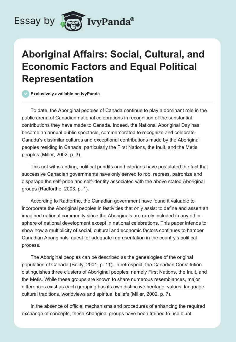 Aboriginal Affairs: Social, Cultural, and Economic Factors and Equal Political Representation. Page 1