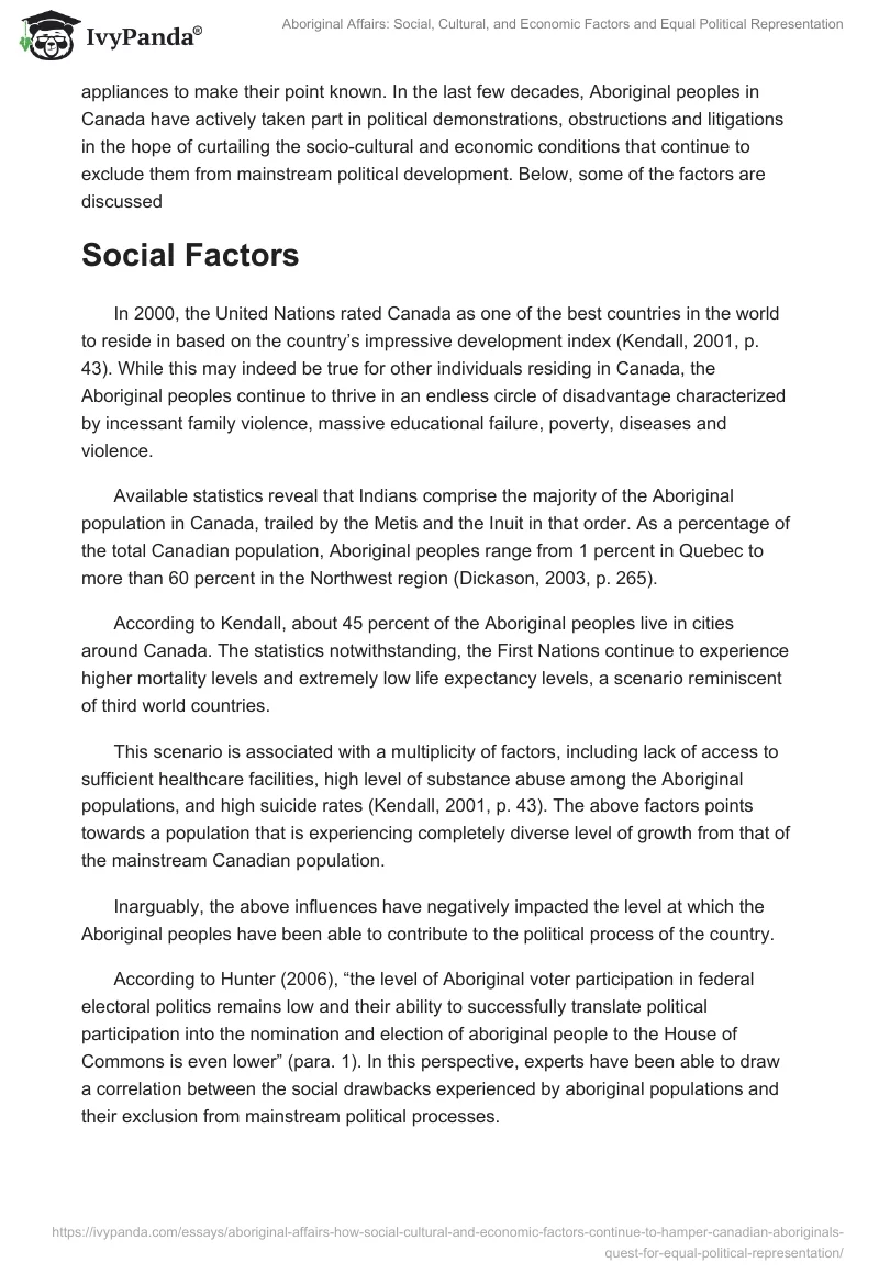 Aboriginal Affairs: Social, Cultural, and Economic Factors and Equal Political Representation. Page 2