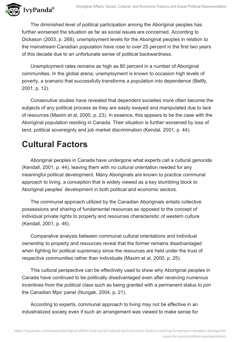 Aboriginal Affairs: Social, Cultural, and Economic Factors and Equal Political Representation. Page 3