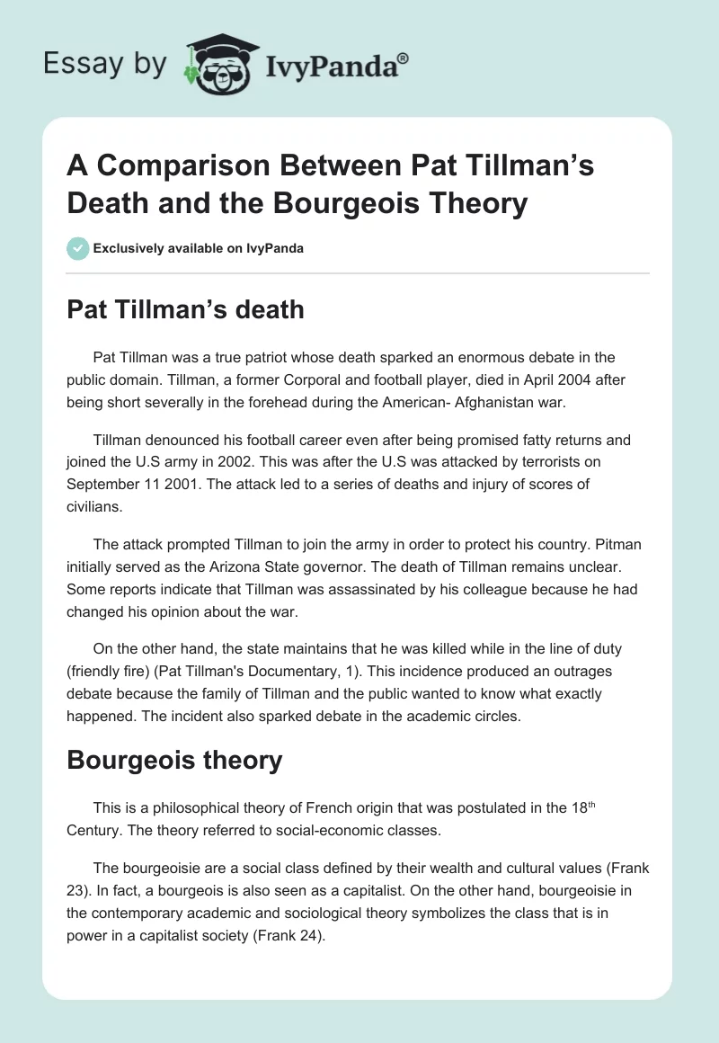 A Comparison Between Pat Tillman’s Death and the Bourgeois Theory. Page 1