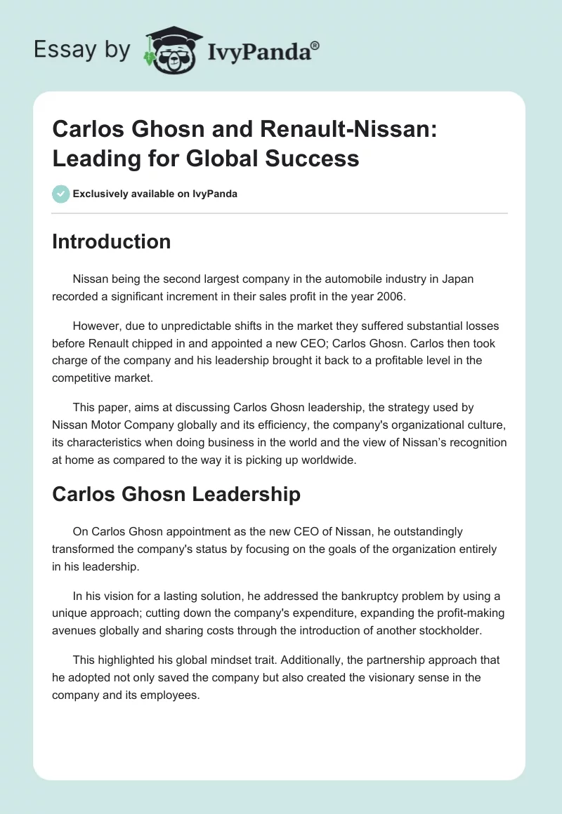 Carlos Ghosn and Renault-Nissan: Leading for Global Success. Page 1