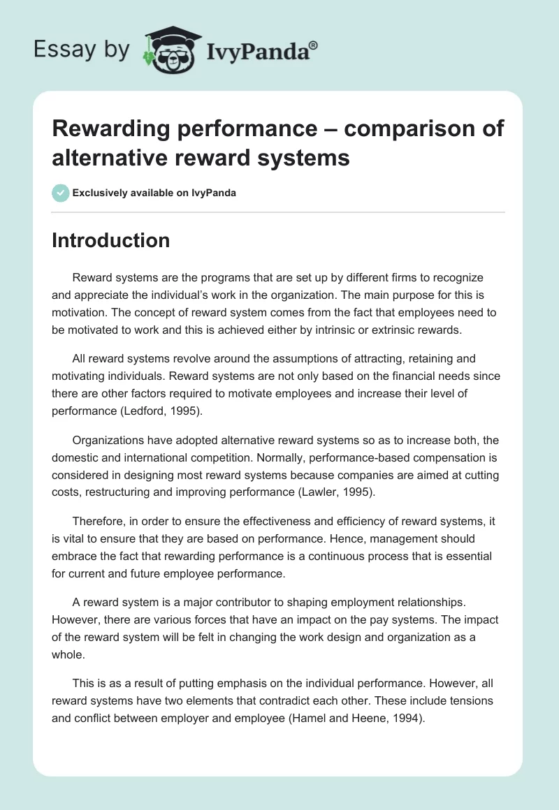Rewarding Performance – Comparison of Alternative Reward Systems. Page 1