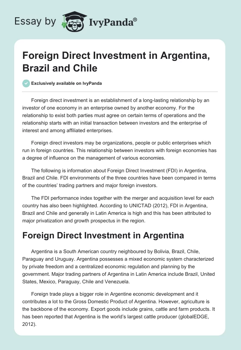 Foreign Direct Investment in Argentina, Brazil and Chile. Page 1