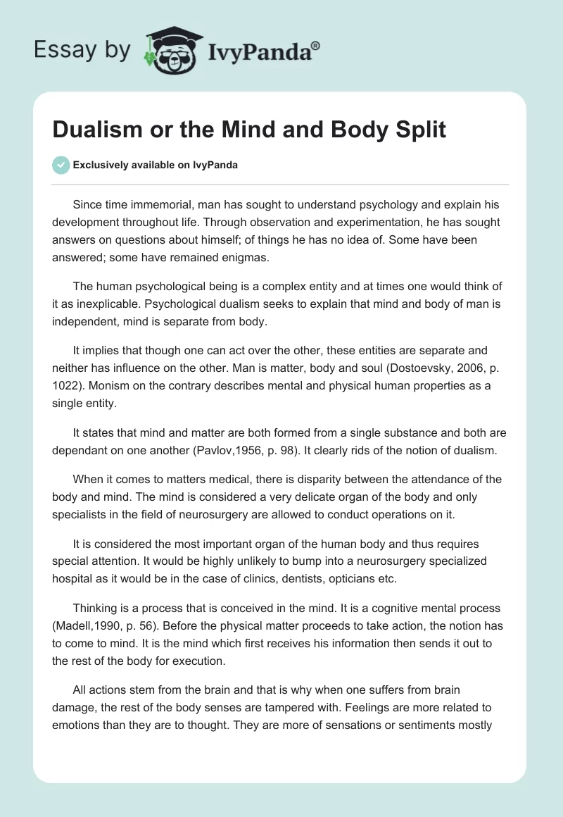 Dualism or the Mind and Body Split. Page 1