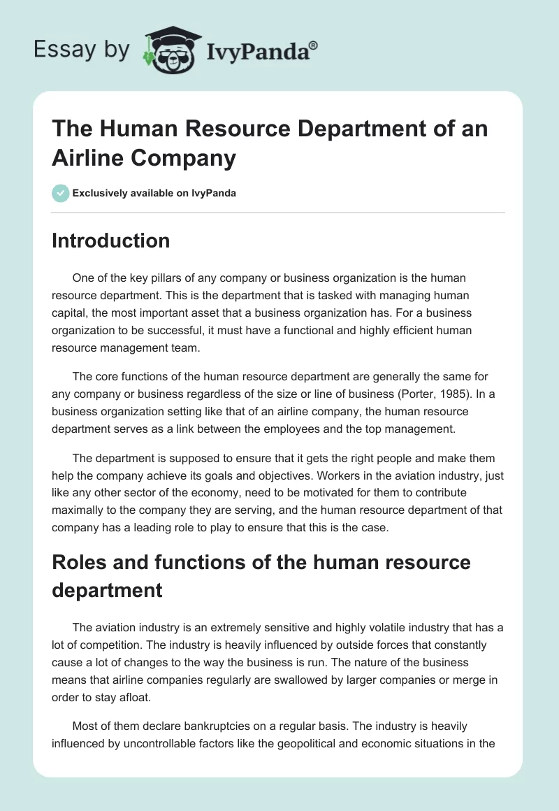 The Human Resource Department of an Airline Company. Page 1