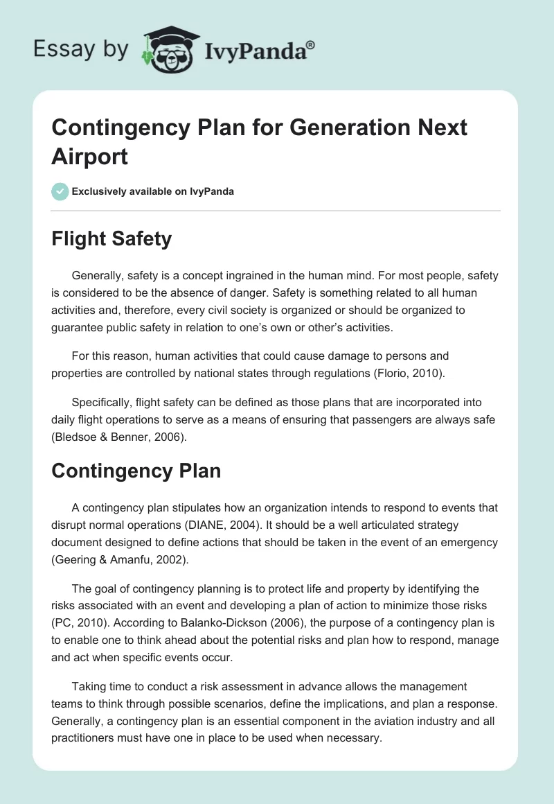Contingency Plan for Generation Next Airport. Page 1