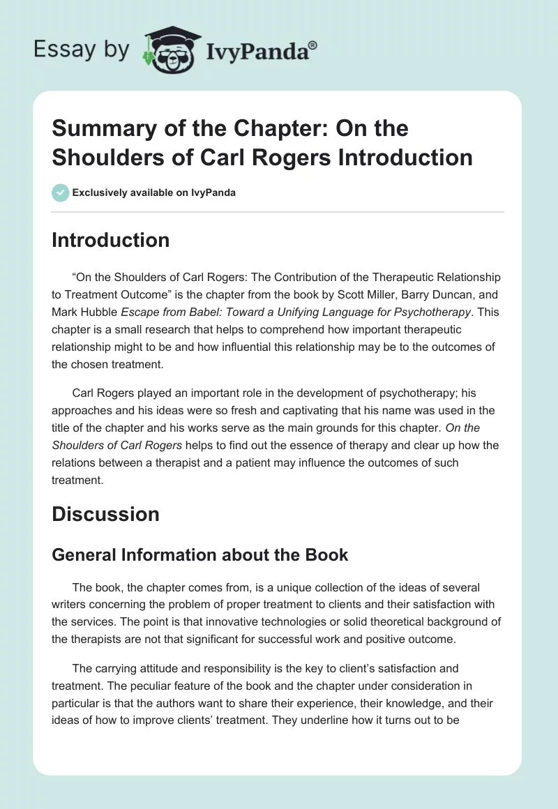 Summary of the Chapter: On the Shoulders of Carl Rogers Introduction. Page 1