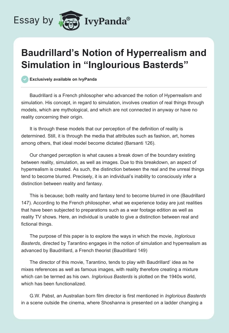 Baudrillard’s Notion of Hyperrealism and Simulation in “Inglourious Basterds”. Page 1