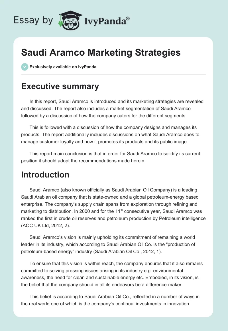 Saudi Aramco Marketing Strategies. Page 1