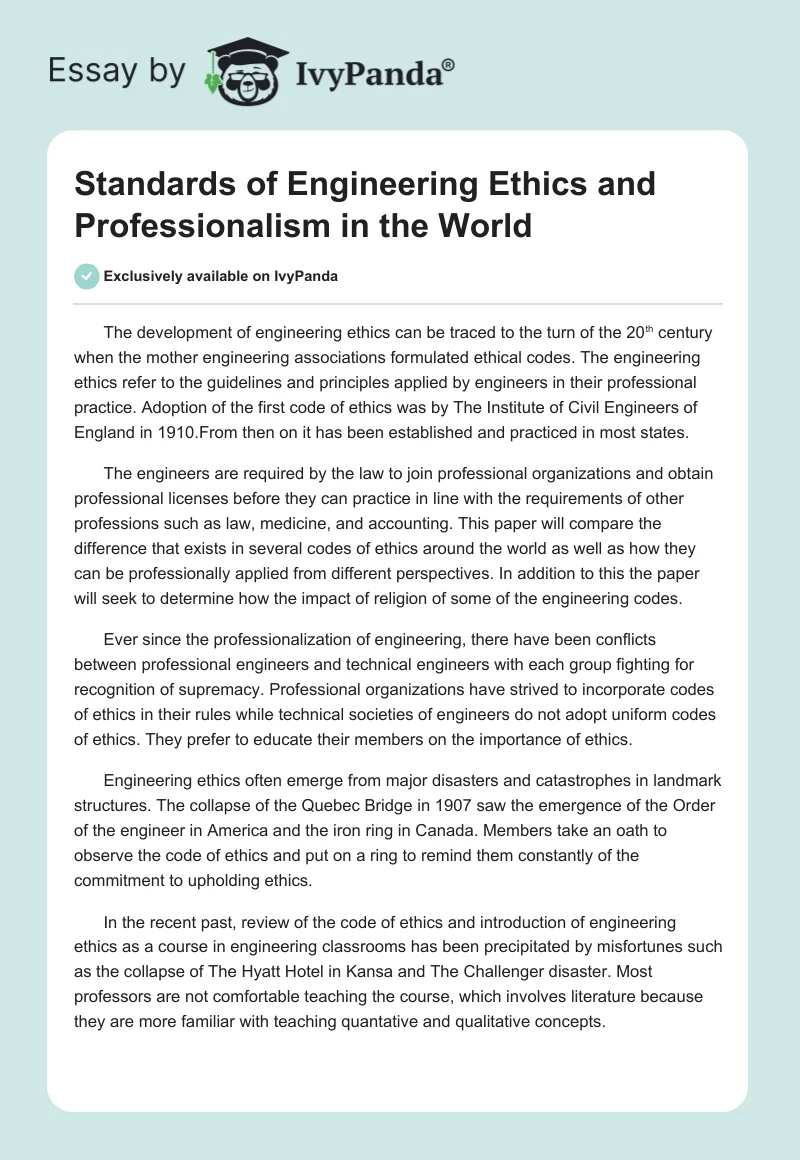 Standards of Engineering Ethics and Professionalism in the World. Page 1
