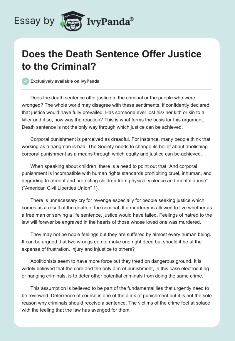 Does the Death Sentence Offer Justice to the Criminal?. Page 1