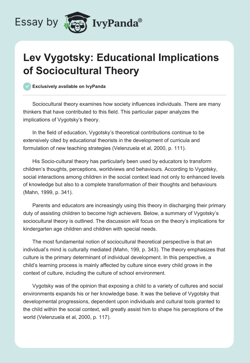 Lev Vygotsky: Educational Implications of Sociocultural Theory. Page 1