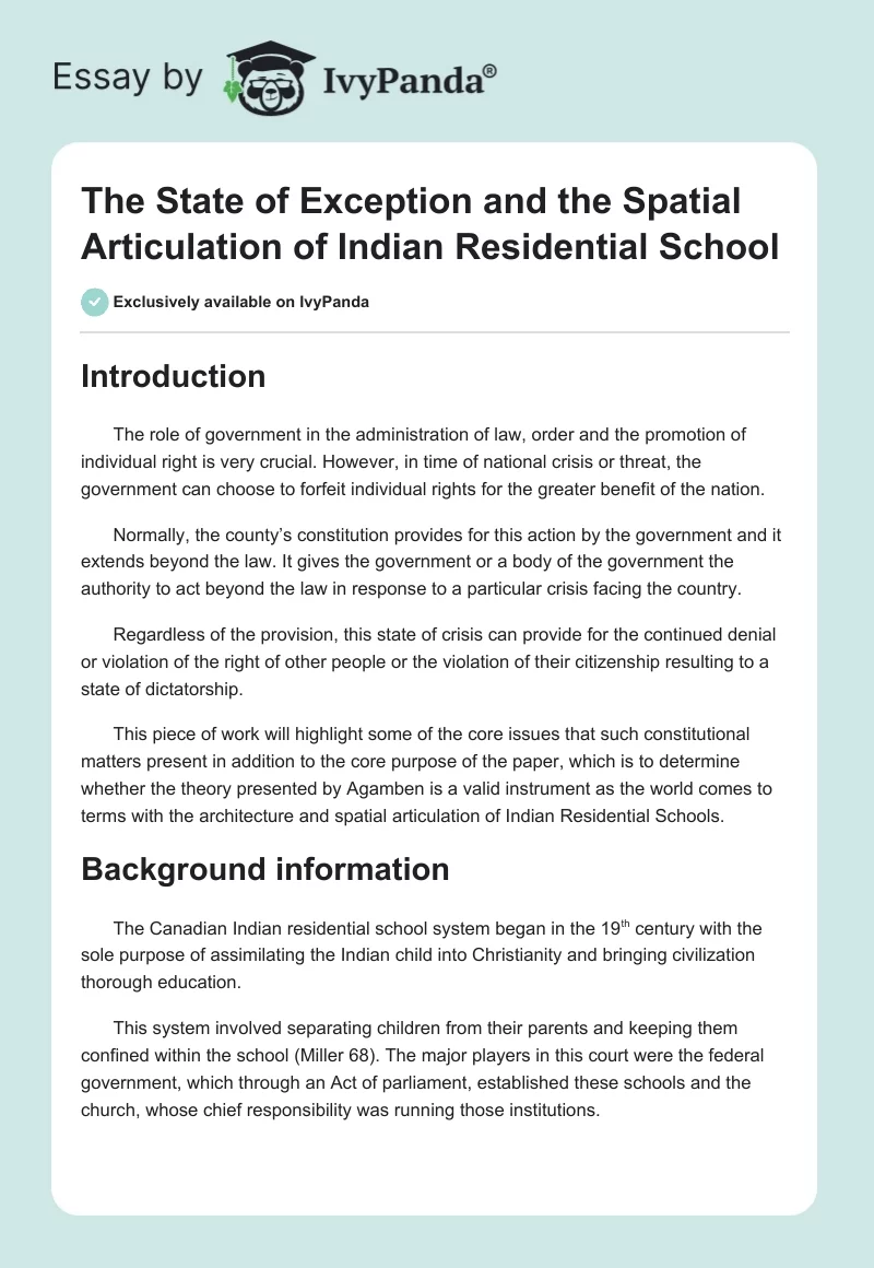 The State of Exception and the Spatial Articulation of Indian Residential School. Page 1