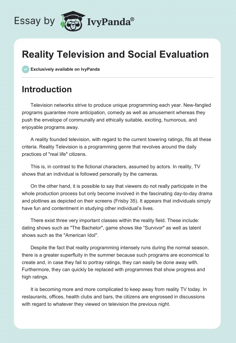 Reality Television and Social Evaluation. Page 1