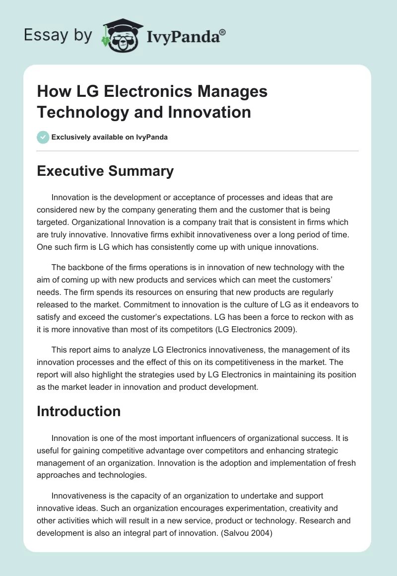 Technology & Innovation: LG Electronics Strategy Report. Page 1