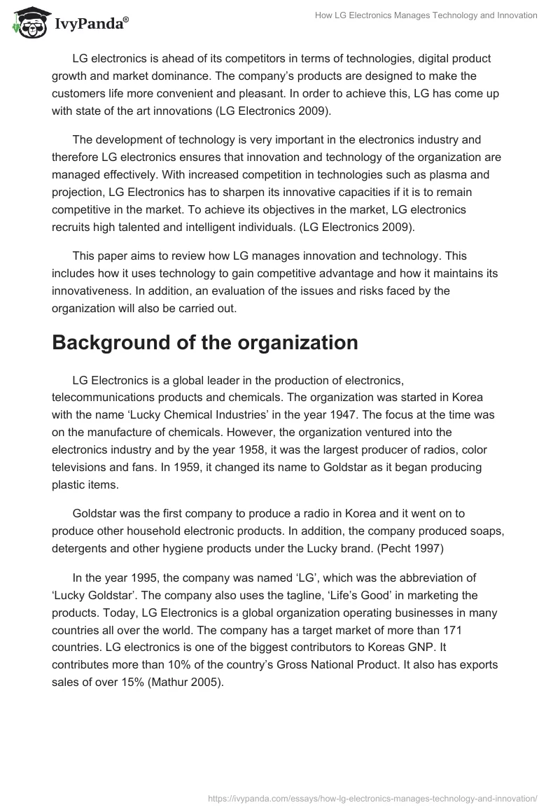Technology & Innovation: LG Electronics Strategy Report. Page 2