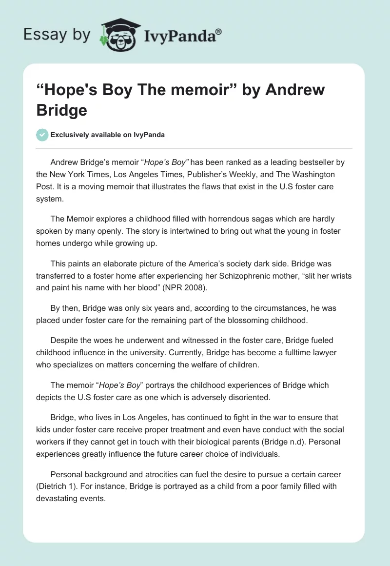 “Hope's Boy The memoir” by Andrew Bridge. Page 1